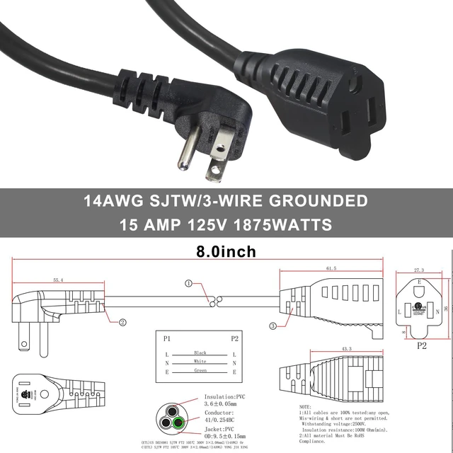 Alt view image 5 of 7 - NEMA 5-15P to NEMA 5-15R 6-Inch 14AWG/3C SJTW Heavy Duty Power Extension Cord with 90-Degree Flat Plug, 15A/125V 1875W, Black 1-Pack