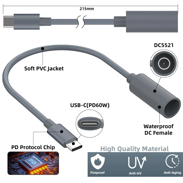 Alt view image 4 of 6 - Starlink Mini Type C to DC Adapter 20CM Waterproof, Compatible with Original Starlink Mini USB-C Power Cable, PD Source, Gray