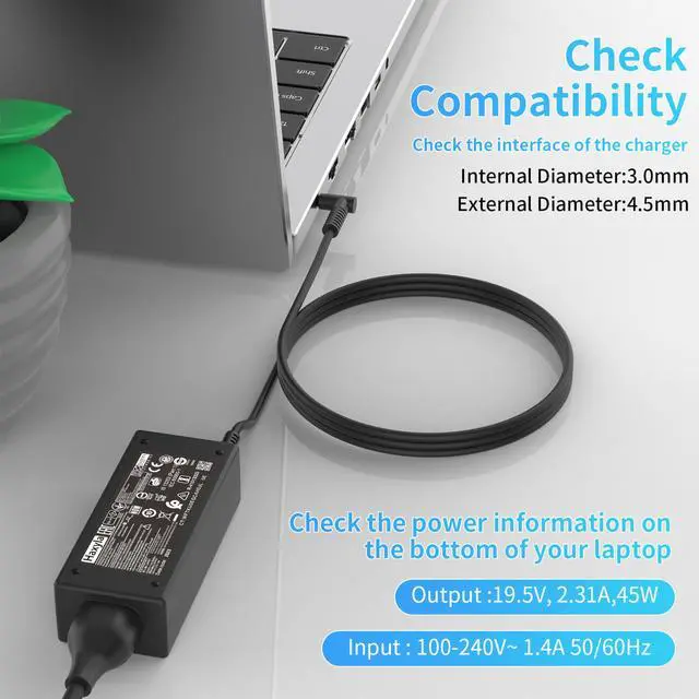 Alt view image 3 of 6 - 45W Charger Compatible with HP Notebook 15, Pavilion 14, TPN-LA15, TPN-CA14, L25296-002, L25296-001, L25296-003, 741727-001, L25296-011, 213349-109, 19.5V 2.31A Smart Blu