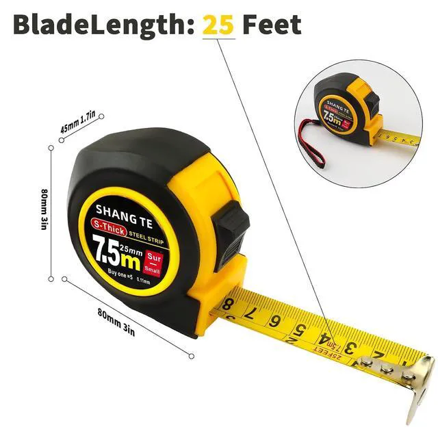 Alt view image 7 of 7 - Steel Retractable Tape Measure 25 ft, Self-Locking, Imperial/Metric for Body Measurements