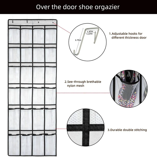 Alt view image 4 of 6 - SAVERHO Over the Door Shoe Organizer with 24 Mesh Large Pockets, Hanging Shoe Storage Bag for Men Women Kids (White)