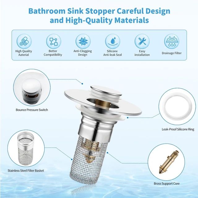 Alt view image 5 of 6 - 2 Pack Silver Bathroom Sink Stopper 1.06-1.50in