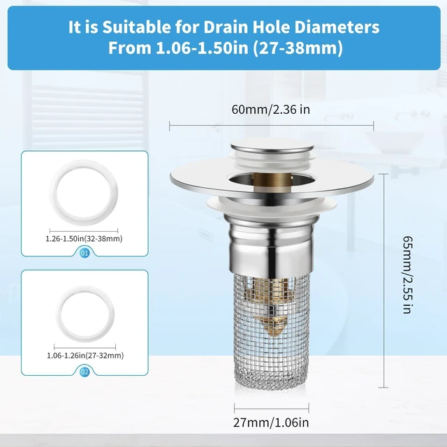Alt view image 2 of 6 - 2 Pack Silver Bathroom Sink Stopper 1.06-1.50in
