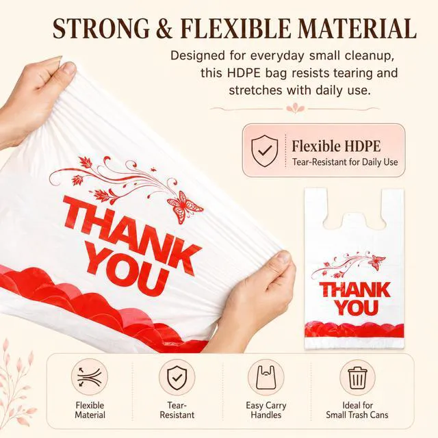 Alt view image 2 of 7 - 4 Gallon Trash Bags with Handles, 100 Count, 11" x 21" Thank You T-Shirt Style Plastic Garbage Bags for Home, Kitchen, Office, Bathroom, Small Business, Takeout, Grocery