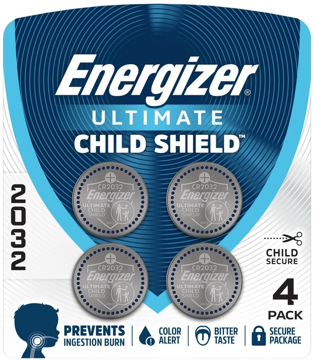 Main image of Energizer Ultimate Child Shield CR2032 3V Lithium Coin Batteries (4 Pack), Compatible with Apple AirTag, Tile Pro, Key Fobs, Watches and More