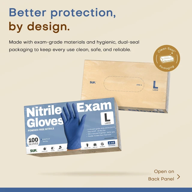 Alt view image 2 of 6 - SUP Powder-Free Nitrile Exam Gloves, Food Safe, Latex-Free, Medical Non-Sterile, Cooking Disposable, Blue, 100/1000 Count
