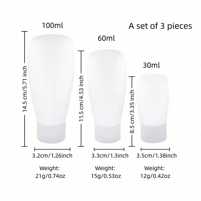 Alt view image 6 of 6 - Chinshwehaw Portable Travel Bottles Set, Silicone Squeeze Containers, 3-Pack (30ml, 60ml, 100ml), White, Leakproof, Wide Mouth, BPA-Free, TSA Approved for Toiletries Sham