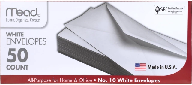 Main image of Mead #10 Envelopes, Letter Size, 4-1/8 x 9-1/2 in, Gummed Closure, White, 50 Count (75050)