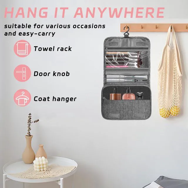 Alt view image 3 of 6 - Hanging Waterproof Toiletry Bag with Hook, for Men and Women, Small Multifunctional Makeup Cosmetic Bag, Portable Toiletries Travel Organizer (Grey)