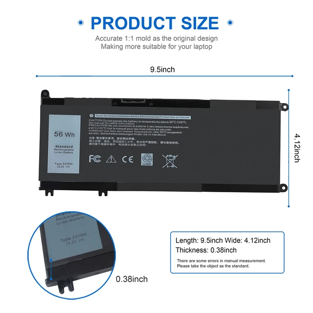 Alt view image 3 of 6 - 33YDH 56Wh Laptop Battery for Dell Inspiron 17 7000 Series 7779 7778 7786 7773 2-in-1 15 7577 G3 3579 3779 G5 5587 G7 7588 Latitude 13 3380 14 3490 3590 3580 3400 3500 45