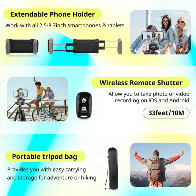 Alt view image 6 of 6 - Sensyne 64" Camera Tripod Stand with Phone Holder and Remote for iPhone & iPad