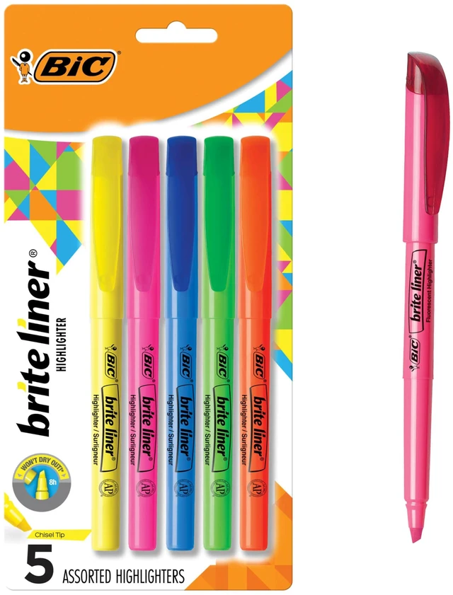 Main image of BIC Brite Liner Highlighters, Chisel Tip, 5-Count Pack, Assorted Colors