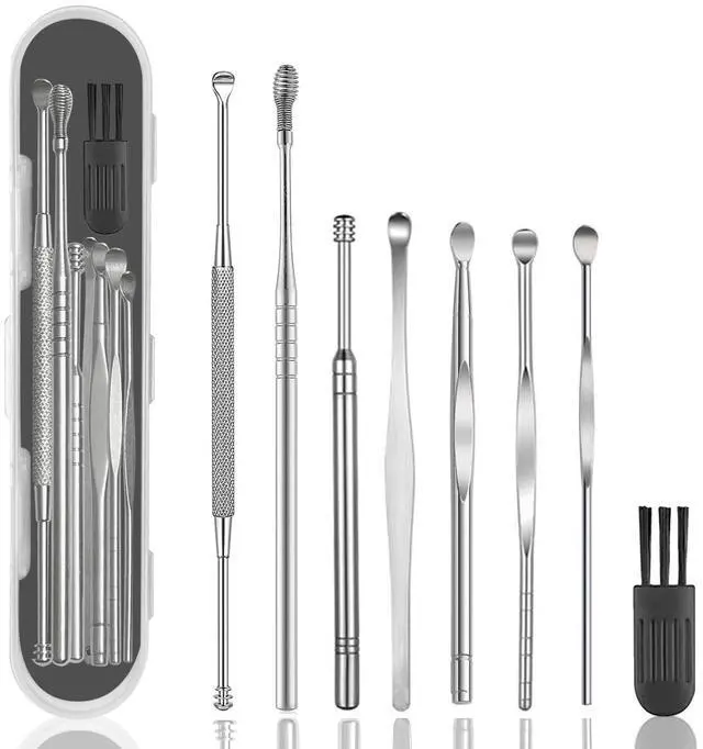 Main image of 8 Pcs Ear Wax Removal Kit, Double-Headed Ear Pick, 316L Stainless Steel Ear Cleaner Curette with Cleaning Brush and Storage Box, for Kid and Adult, Silver