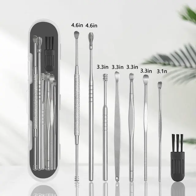 Alt view image 6 of 6 - 8 Pcs Ear Wax Removal Kit, Double-Headed Ear Pick, 316L Stainless Steel Ear Cleaner Curette with Cleaning Brush and Storage Box, for Kid and Adult, Silver