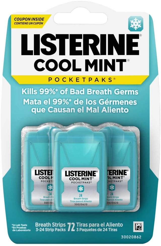 Main image of Listerine PocketPaks Breath Strips Cool Mint, 24-Strip Pack, 3 Pack