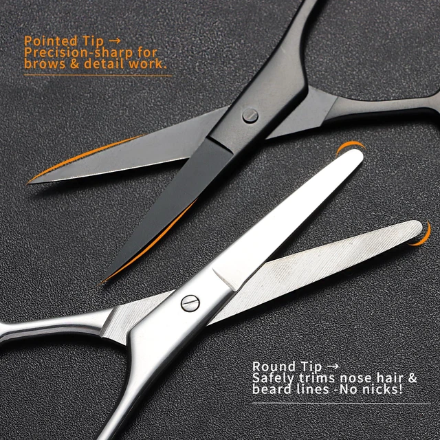 Alt view image 4 of 7 - 2PCS Small Grooming Scissors for Men and Women - Straight & Rounded Safety Tips, for Eyebrows, Nose Hair, Beard, Mustache, Eyelashes, and Ear Hair - Silver & Black