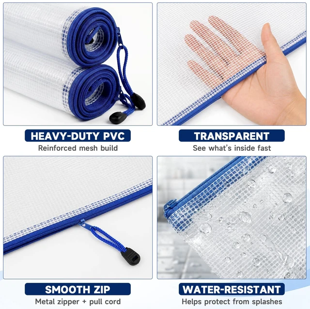 Alt view image 5 of 6 - TONOS Large Mesh Zipper Pouches, 2Pack, 13x9Inch, Clear PVC, Water-Resistant Document Organizers for Letter/A4 Paper, School, Office, Travel, Crafts & Puzzles