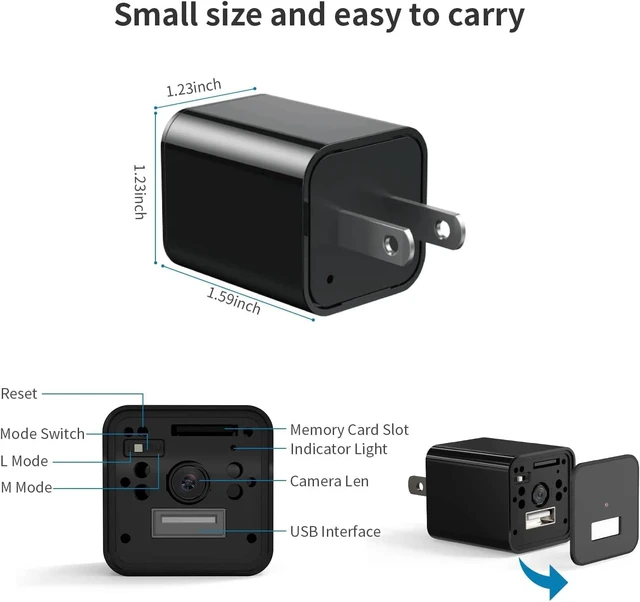 Alt view image 4 of 6 - Audio Charger Camera 1080P Video-Only Small Motion Detection Covert Nanny Cam for Home Indoor Security, 32GB Micro SD Card Included