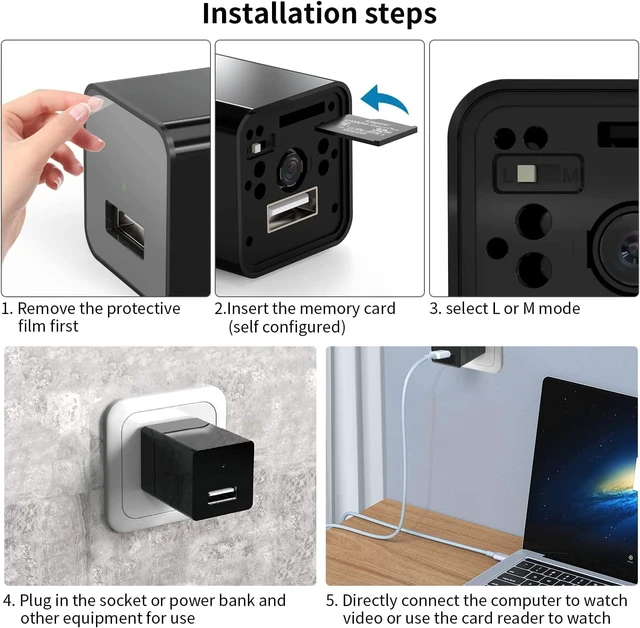 Alt view image 3 of 6 - Audio Charger Camera 1080P Video-Only Small Motion Detection Covert Nanny Cam for Home Indoor Security, 32GB Micro SD Card Included