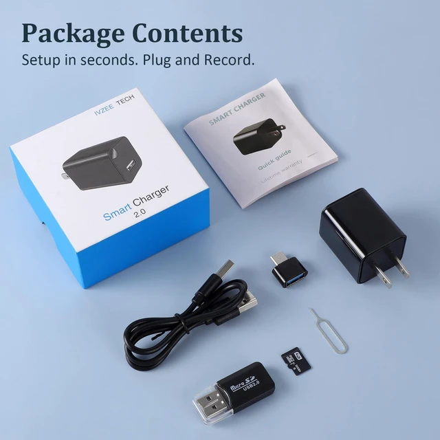 Alt view image 6 of 6 - Audio Charger Camera 1080P Video-Only Small Motion Detection Covert Nanny Cam for Home Indoor Security, 32GB Micro SD Card Included
