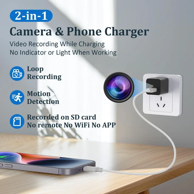 Alt view image 2 of 6 - Audio Charger Camera 1080P Video-Only Small Motion Detection Covert Nanny Cam for Home Indoor Security, 32GB Micro SD Card Included