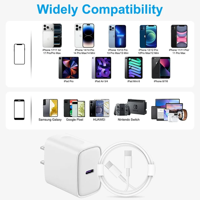 Alt view image 6 of 6 - 20W USB C Fast Charger Block 6FT for iPhone 17 16 15