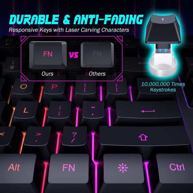 Alt view image 2 of 6 - Wired Gaming Keyboard, 7-Color Backlit, 104 Keys Quiet, Wrist Rest