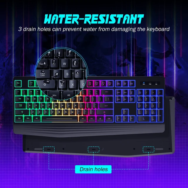 Alt view image 5 of 6 - Wired Gaming Keyboard, 7-Color Backlit, 104 Keys Quiet, Wrist Rest