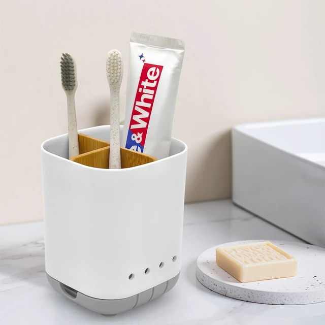 Alt view image 4 of 7 - Toothbrush Holder with Bamboo Divider, Detachable 3 Slots Plastic Electric Toothbrush and Toothpaste Storage Caddy for Bathroom Countertop, Vanity, Sink (Grey)
