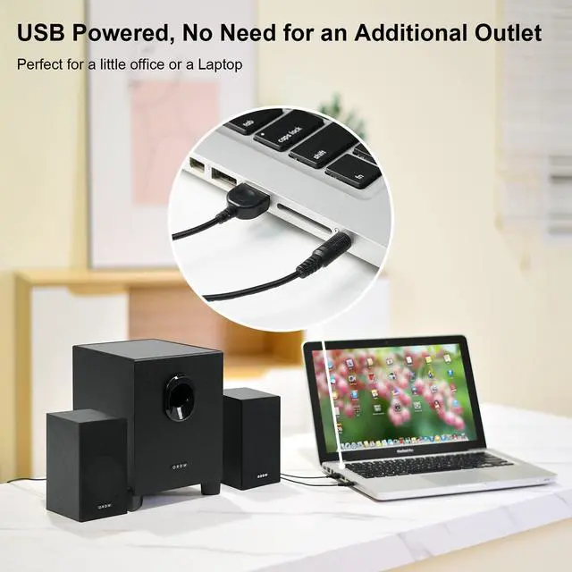 Alt view image 4 of 6 - OROW S211 USB-Powered 2.1 Multimedia Speaker System with Subwoofer, 16W Computer Speakers, Strong Bass, 3.5mm Audio Input, for PC/PS4/TV, Wooden