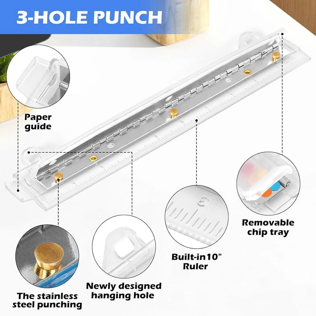 Alt view image 2 of 6 - Portable 3-Hole Punch for 3 Ring Binder, Upgraded Removable Scrap Container, Durable with 10-Inch Ruler, 5-Sheet Capacity, for School, Office