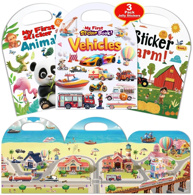 Main image of 3-Pack Reusable Sticker Books for Toddlers 2-4 Years - Vehicles, Trucks, Animals & Farm Jelly Activity Stickers for Boys Girls, Road Trip Airplane Train Travel Essentials