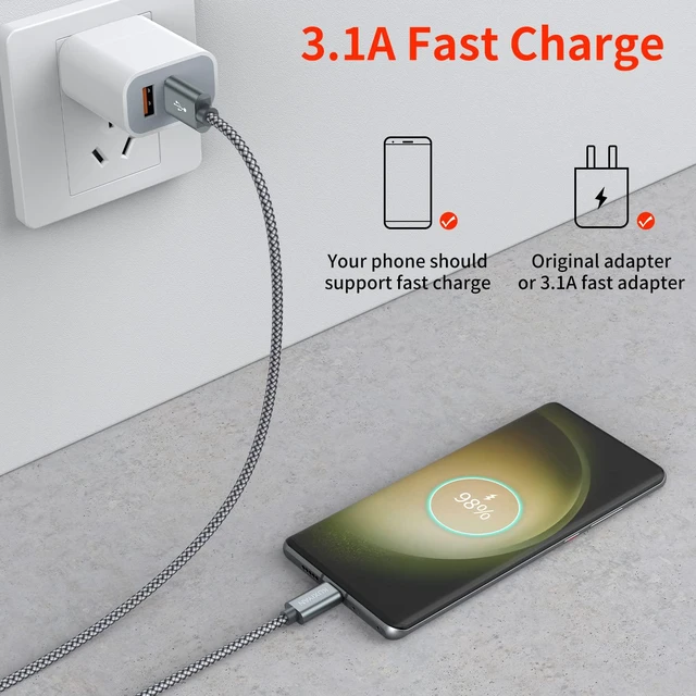 Alt view image 2 of 6 - USB-C Cable (2-Pack, 3FT) - Nylon Braided Fast Charging Sync Cord Compatible with iPhone 17 Air/16 Pro Max, Samsung Galaxy S10 Plus, Google Pixel 2 (Gray)