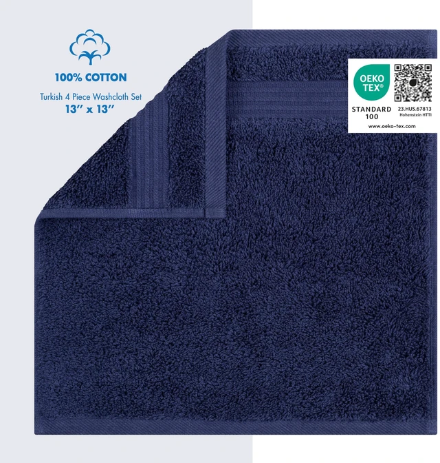 Alt view image 6 of 6 - Cotton Paradise 100% Cotton Turkish Towel Set, 4 Piece Washcloth Set, Soft Absorbent Quick Dry, Navy Blue