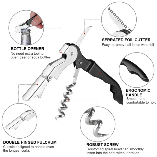 Alt view image 5 of 6 - Professional Heavy Duty Stainless Steel Wine Opener, Compact Foldable Wine Key, Double Hinged Corkscrew with Foil Cutter, for Servers, Bartenders, Sommelier (Black)