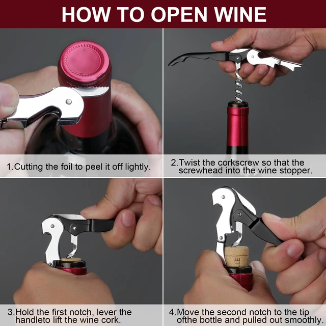 Alt view image 4 of 6 - Professional Heavy Duty Stainless Steel Wine Opener, Compact Foldable Wine Key, Double Hinged Corkscrew with Foil Cutter, for Servers, Bartenders, Sommelier (Black)