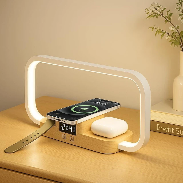 Main image of Wireless Charger LED Bedside Lamp, 3-in-1 Touch Control, 5 Color Modes, Dimmable, Clock, Nightstand Desk Lamp for Bedroom, Gifts for Women Men Friends