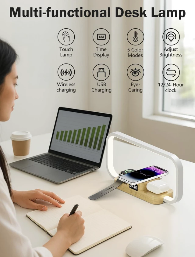 Alt view image 6 of 7 - Wireless Charger LED Bedside Lamp, 3-in-1 Touch Control, 5 Color Modes, Dimmable, Clock, Nightstand Desk Lamp for Bedroom, Gifts for Women Men Friends