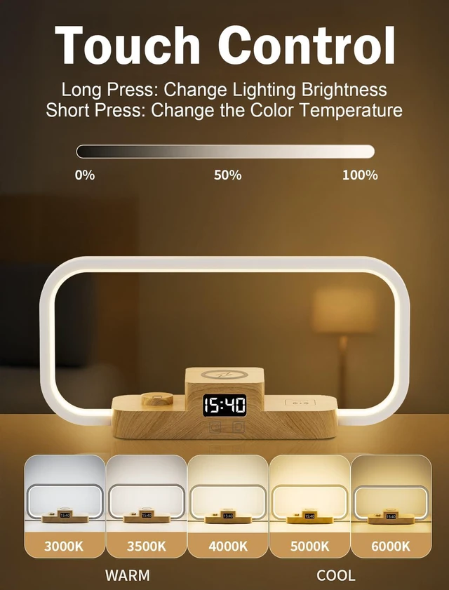 Alt view image 3 of 7 - Wireless Charger LED Bedside Lamp, 3-in-1 Touch Control, 5 Color Modes, Dimmable, Clock, Nightstand Desk Lamp for Bedroom, Gifts for Women Men Friends