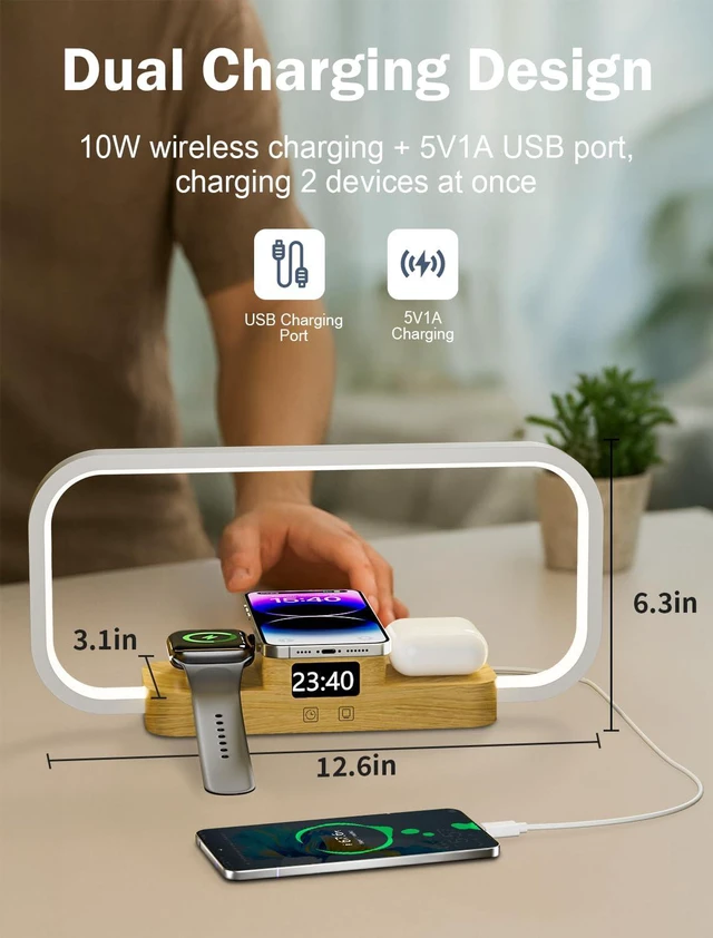 Alt view image 4 of 7 - Wireless Charger LED Bedside Lamp, 3-in-1 Touch Control, 5 Color Modes, Dimmable, Clock, Nightstand Desk Lamp for Bedroom, Gifts for Women Men Friends