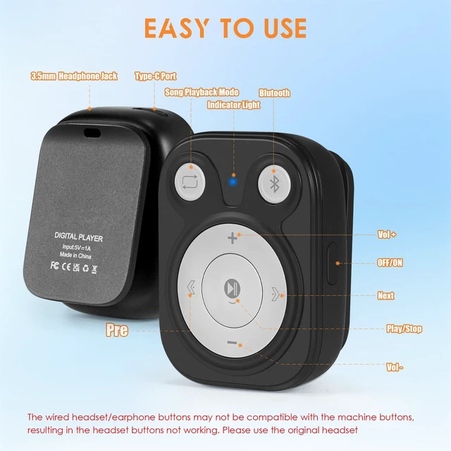 Alt view image 5 of 7 - 64GB Clip MP3 Player with Bluetooth 5.3, 15Hrs Battery, Earphones Included, 1000+ Songs Storage, No Phone Needed, Portable for Kids, Sports, Reading, Learning, Meetings