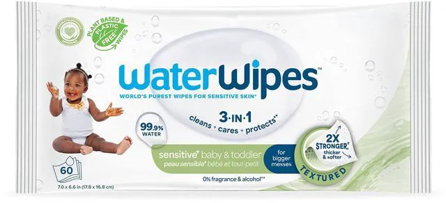 Main image of WaterWipes Sensitive+ Baby & Toddler Wipes, 3-in-1, 99.9% Water, Textured, Unscented, Hypoallergenic, 60 Count (1 Pack)