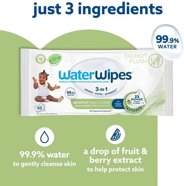 Alt view image 5 of 6 - WaterWipes Sensitive+ Baby & Toddler Wipes, 3-in-1, 99.9% Water, Textured, Unscented, Hypoallergenic, 60 Count (1 Pack)