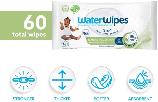 Alt view image 6 of 6 - WaterWipes Sensitive+ Baby & Toddler Wipes, 3-in-1, 99.9% Water, Textured, Unscented, Hypoallergenic, 60 Count (1 Pack)