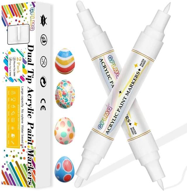 Main image of 2 Pack Dual Tip Acrylic Permanent Marker, 0.7mm & 3mm, White, Non-Toxic, Water-Based for Art Painting, Stone, Ceramic, Glass, Wood, Fabric, Metal, DIY Crafts