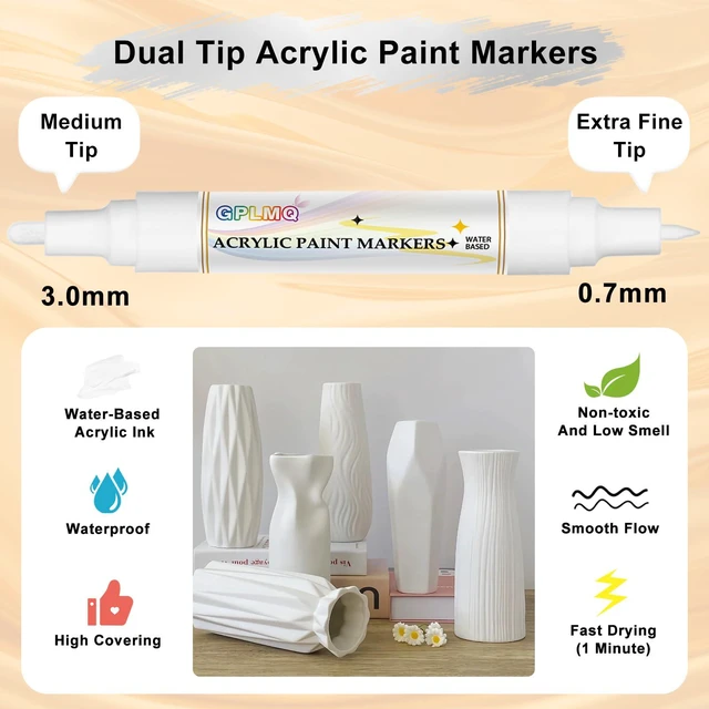 Alt view image 3 of 6 - 2 Pack Dual Tip Acrylic Permanent Marker, 0.7mm & 3mm, White, Non-Toxic, Water-Based for Art Painting, Stone, Ceramic, Glass, Wood, Fabric, Metal, DIY Crafts