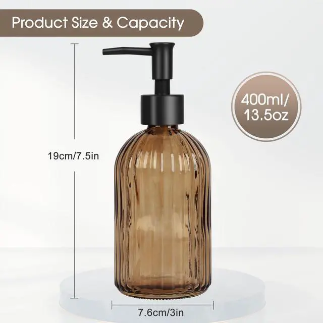 Alt view image 4 of 6 - 5oz Stripe Glass Soap Dispenser with Black Plastic Rustproof Pump, 400ml, for Kitchen & Bathroom, Great for Lotions, Essential Oil, Liquid Soaps - Amber