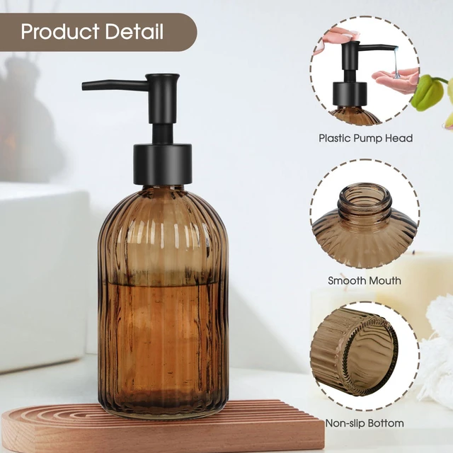 Alt view image 3 of 6 - 5oz Stripe Glass Soap Dispenser with Black Plastic Rustproof Pump, 400ml, for Kitchen & Bathroom, Great for Lotions, Essential Oil, Liquid Soaps - Amber