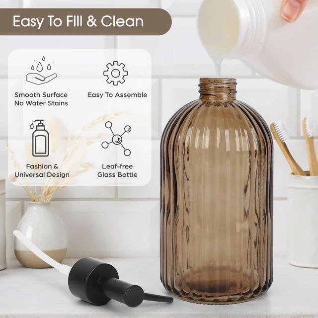 Alt view image 6 of 6 - 5oz Stripe Glass Soap Dispenser with Black Plastic Rustproof Pump, 400ml, for Kitchen & Bathroom, Great for Lotions, Essential Oil, Liquid Soaps - Amber