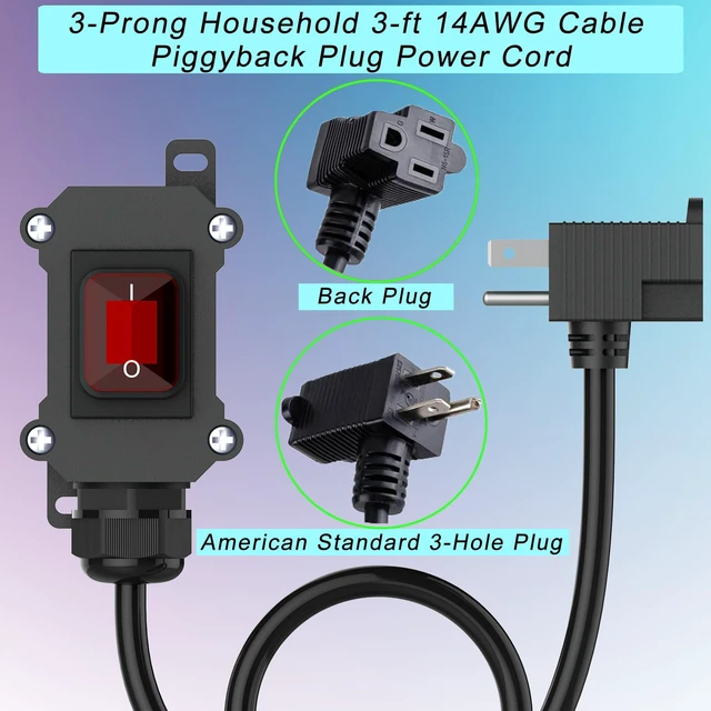 Alt view image 2 of 6 - Inline Cord Switch with 14AWG Cable, Outdoor Extension Cord Switch with Piggyback Plug 3-Pronged, IP67 Waterproof Red LED Rocker Button, Heavy Duty AC/DC 20A-125V